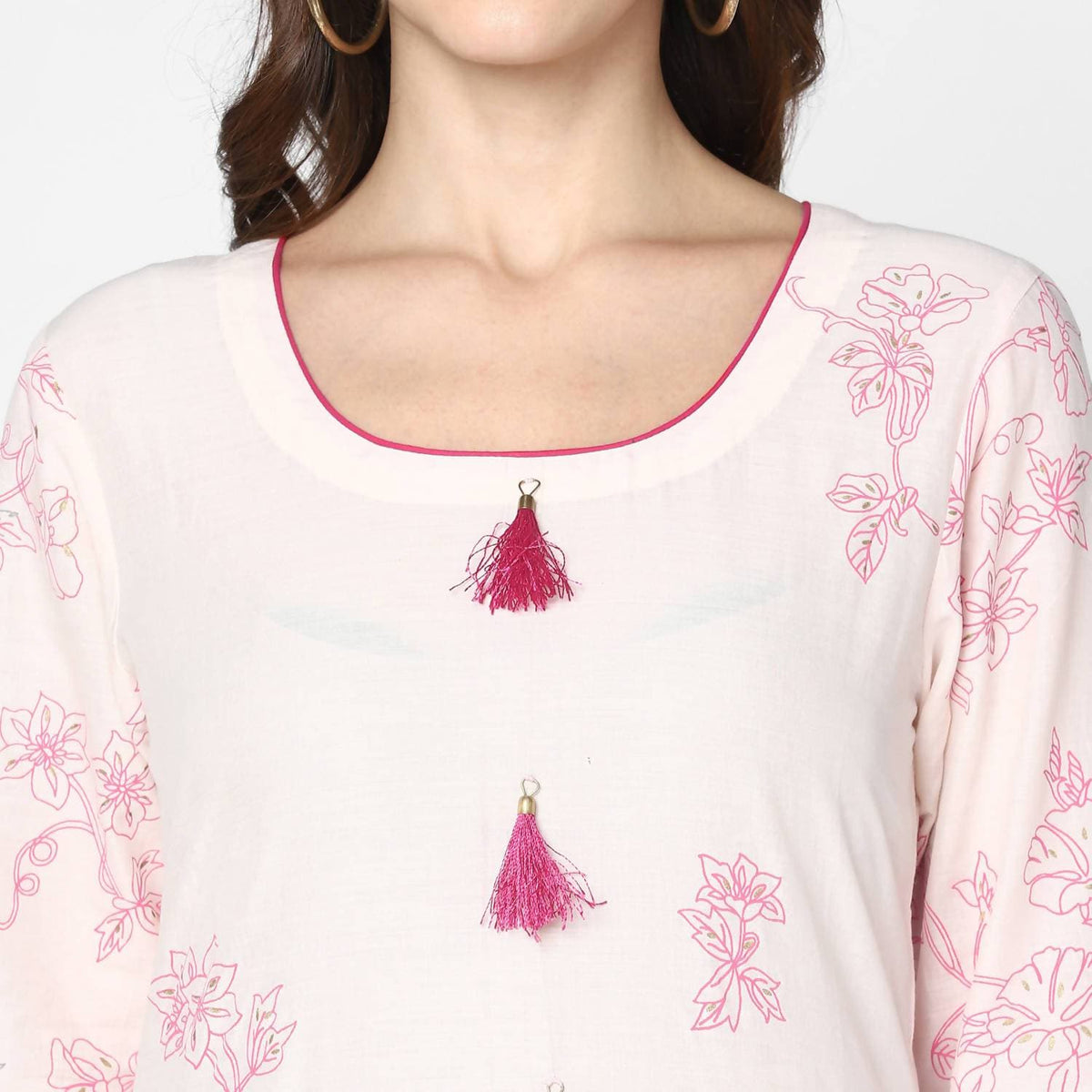 Cheera Hand Block Print Cream Straight Kurta (MAAI-054K) | Grocsy