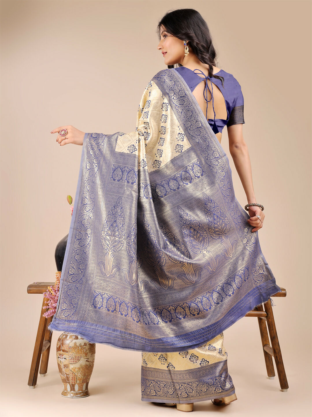 Shree Shyam Fashion Aura Silk Cream Navy Blue Banarasi Silk Saree | Grocsy