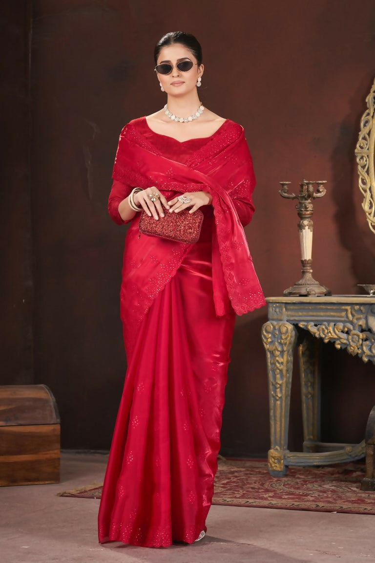 Vastranavya Red Jimmy Choo Silk 3mm Sequence work with Cross Stitch Embroidery work & Cutwork Border Saree | Grocsy