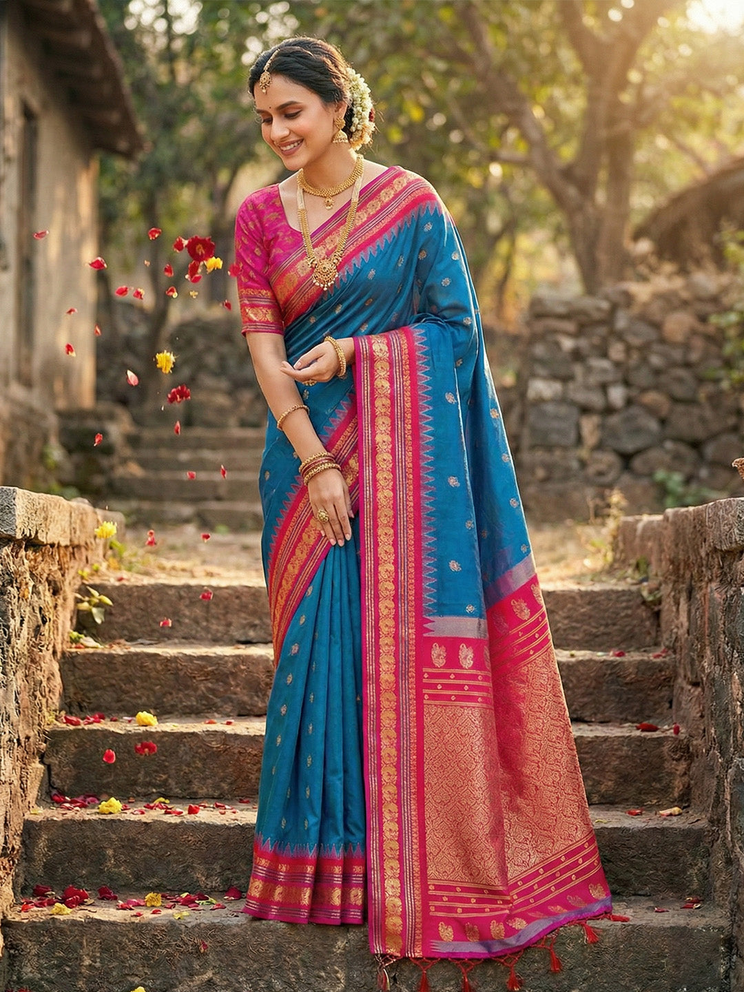 Anaita Blue Silk Woven Saree With Blouse | Grocsy