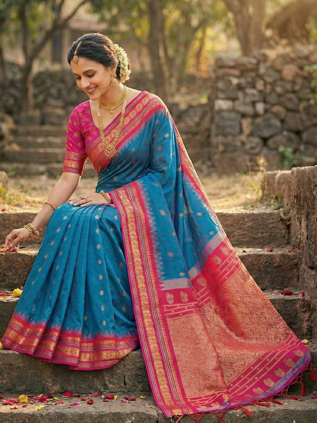 Anaita Blue Silk Woven Saree With Blouse | Grocsy