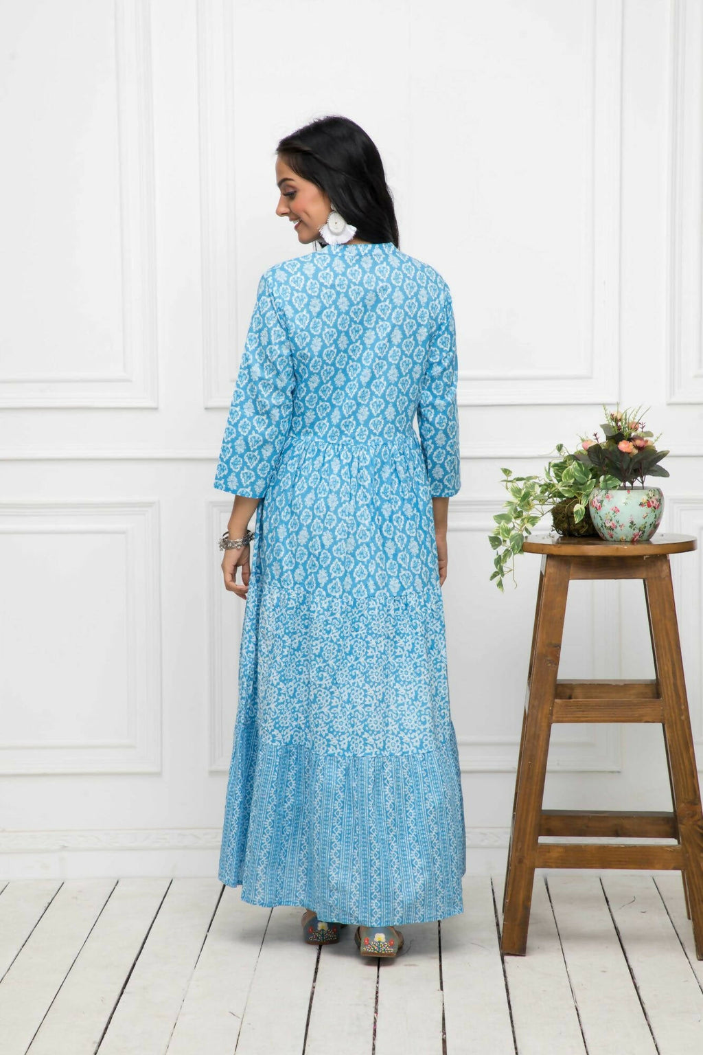 Myshka Women Blue Floral Cotton A-Line Mandarin Collar Long Dress | Grocsy