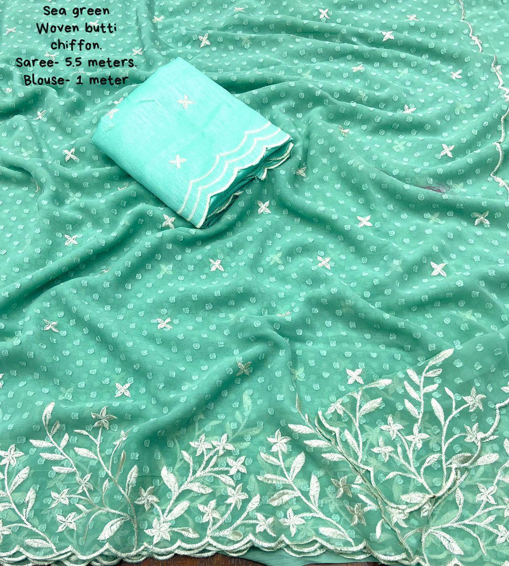 Sky Pure Chiffon Woven Design Saree with Unstitched Blouse - Hiral Fashion | Grocsy