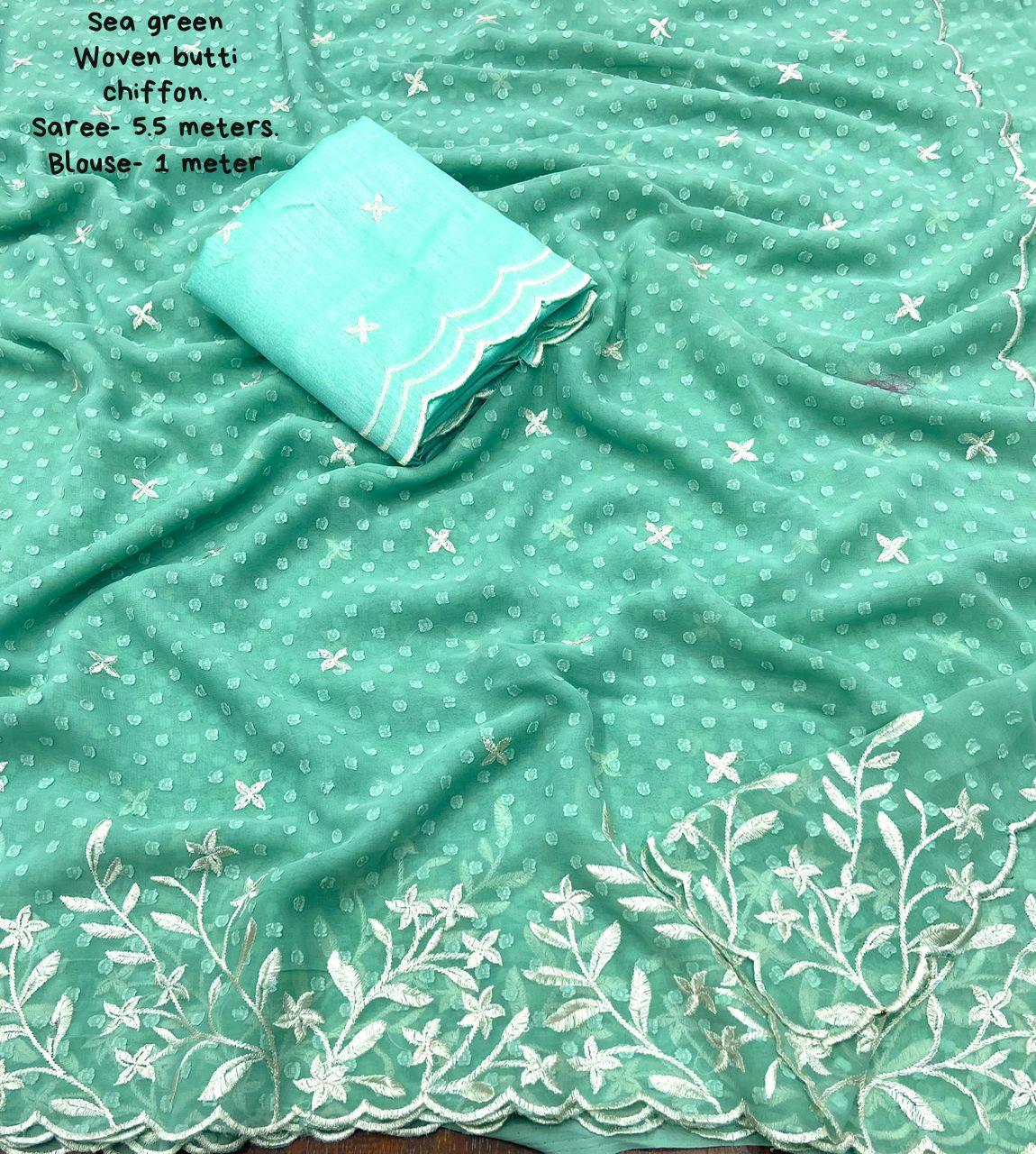 Sky Pure Chiffon Woven Design Saree with Unstitched Blouse - Hiral Fashion | Grocsy