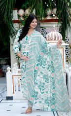 Miravan Women's Light Green Scenic Birds And Leaf Straight Pakistani Style Suit Set | Grocsy