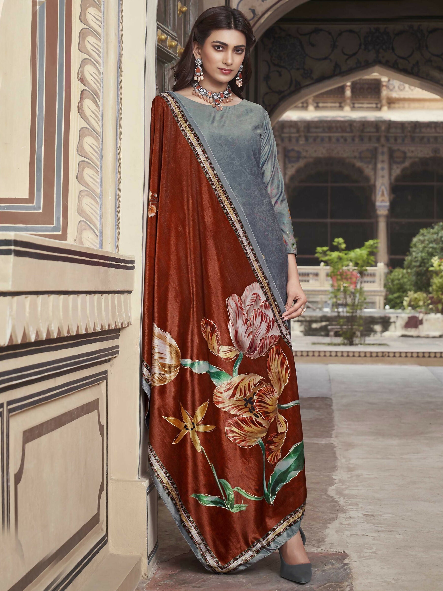 Jyoti Fashion Women's Grey Velvet Floral Digital Printed Kurta with Trouser & Dupatta | Grocsy