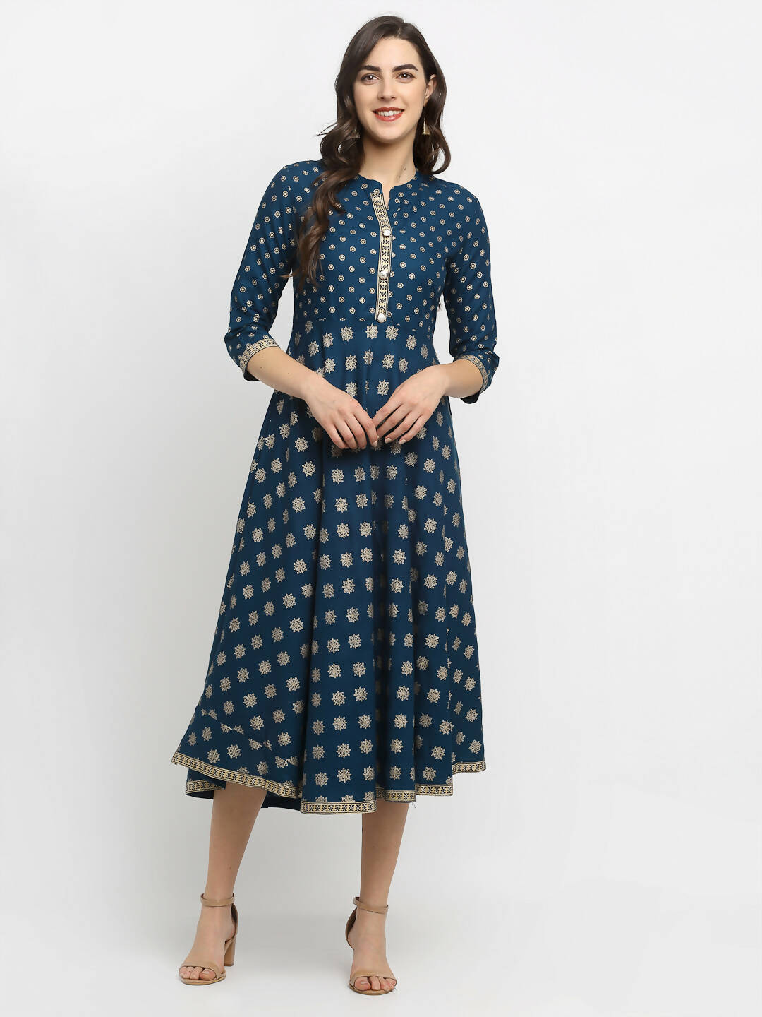 Rudra Bazaar A-Line Gold Floral Printed Turquoise Blue Kurti | Grocsy