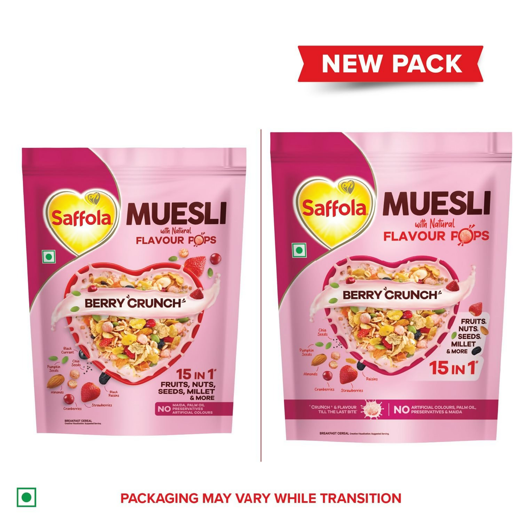 Saffola Muesli Fruit & Nut Berry Crunch with Flavour Pops | Grocsy