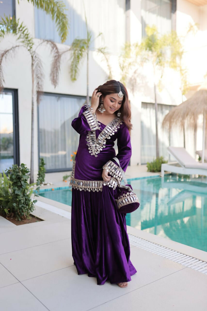 Joban Fashion Purple Kurta Set Velvet Embroidery Sequence Work | Grocsy