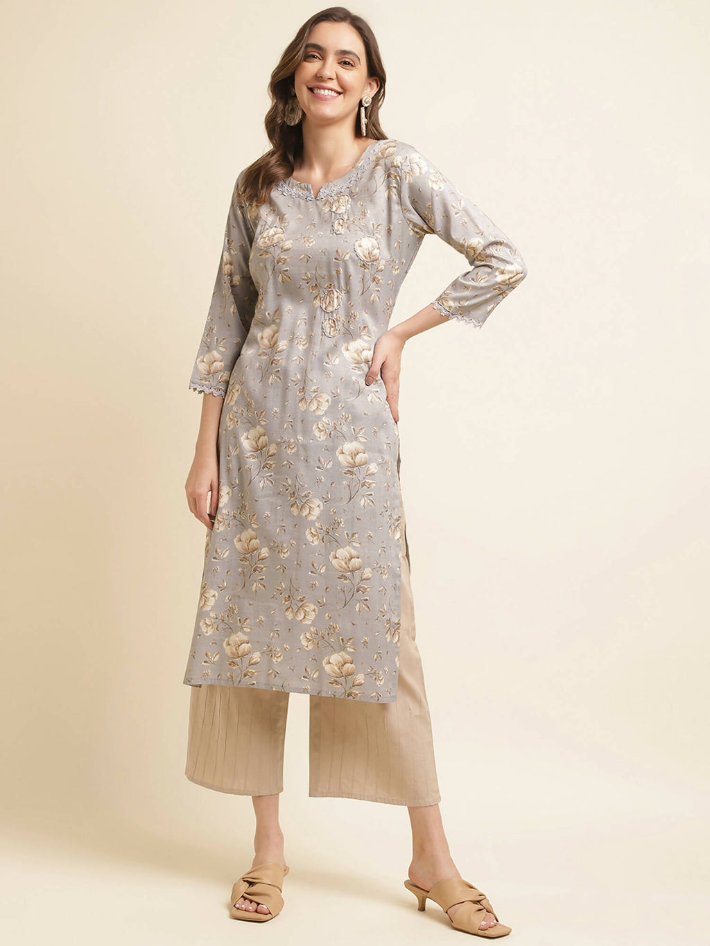 Grey Poly Rayon Floral Printed Straight Kurta - Prasuti | Grocsy