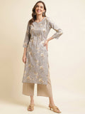 Grey Poly Rayon Floral Printed Straight Kurta - Prasuti | Grocsy