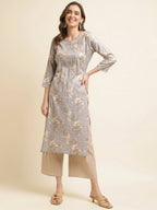 Grey Poly Rayon Floral Printed Straight Kurta - Prasuti | Grocsy