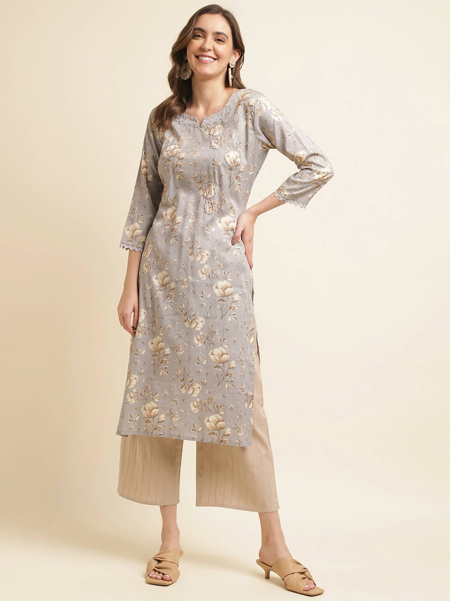 Grey Poly Rayon Floral Printed Straight Kurta - Prasuti | Grocsy