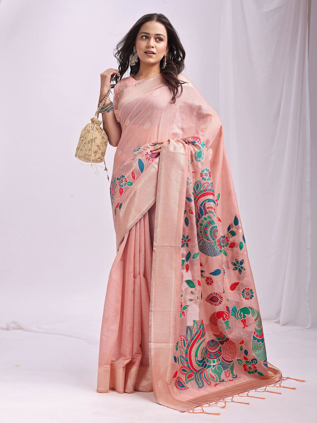 Shree Shyam Fashion Linen Cotton Peach Saree | Grocsy