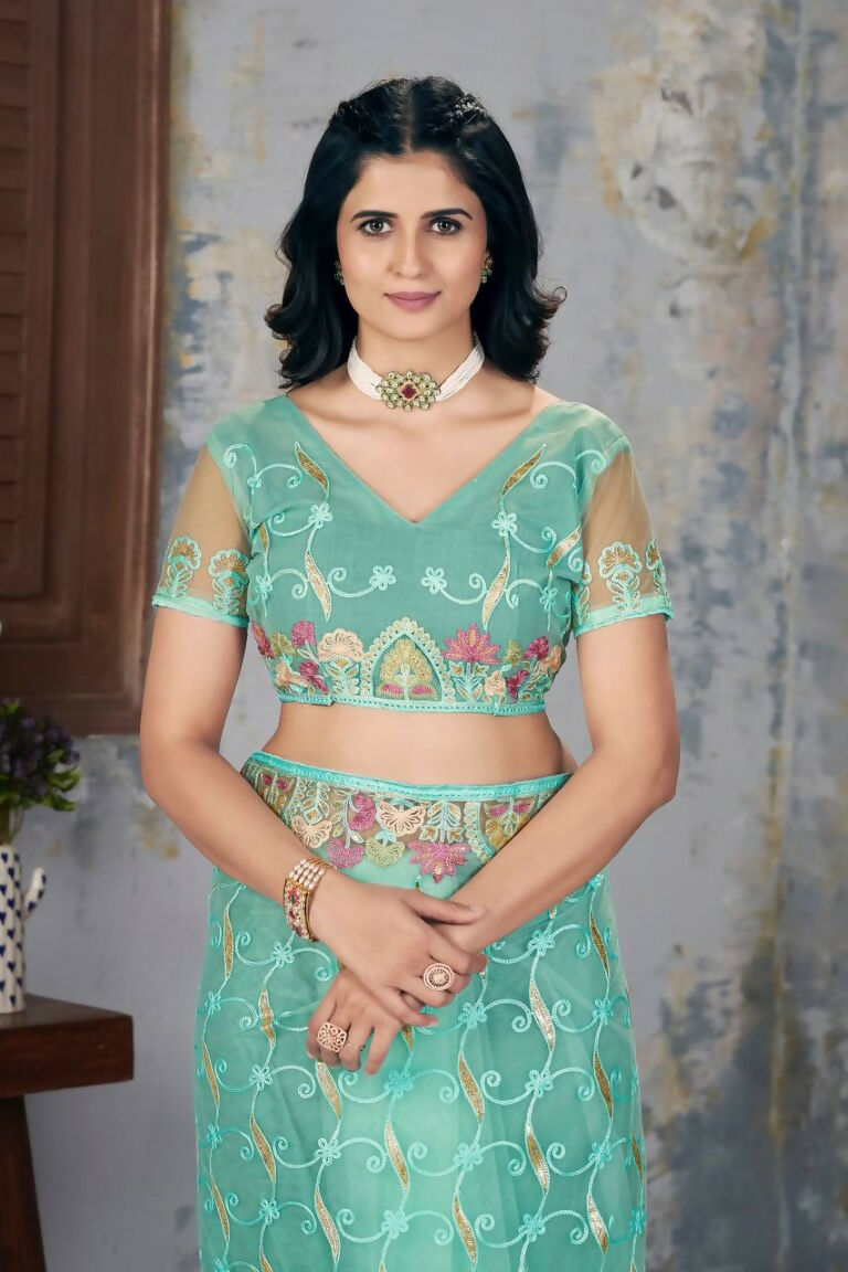 Vastranavya Soft Crush Georgette With Embroidery and Foil Multi Thread Work Saree - Turquoise | Grocsy