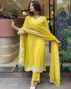 The52 Yellow Women's Gorgeous Embroidered Georgette Fabric Straight Kurta Pant with Dupatta Set | Grocsy