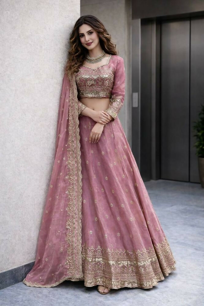 Teeya Creation Pink Color Fendy Satin Heavy Embroidery Work Wedding Wear Stitched Lehenga Choli | Grocsy