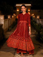 Juniper Women's The Mahautsawam Maroon Ethnic Motif Printed Georgette Dress With Thread & Mirror Work | Grocsy