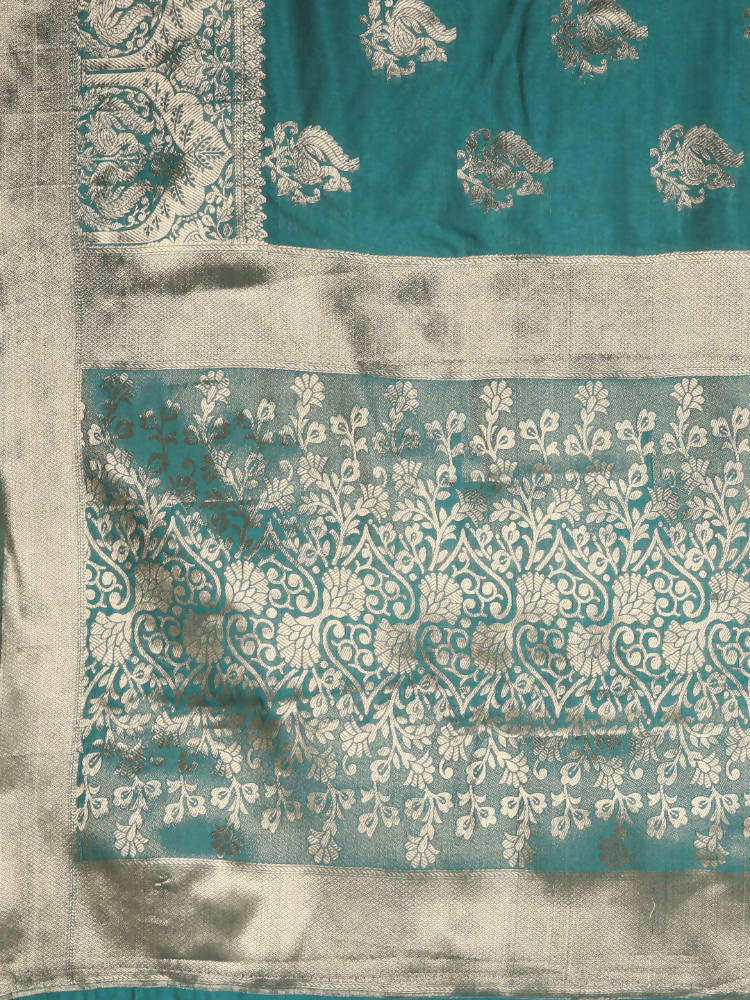Kalamandir Peacock Print Sea Green Silk Blend Saree | Grocsy
