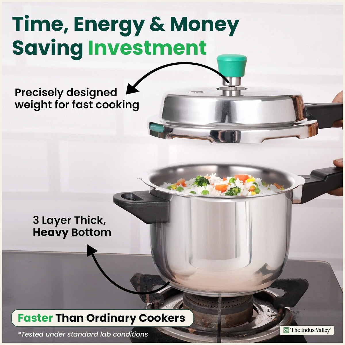 The Indus Valley QuicKooker Tri-Steel Stainless Steel Pressure Cooker, Premium Quality, 3 Layer Heavy Bottom, 100% Safe, ISI Certified, Induction & Gas, 3/5 L | Grocsy