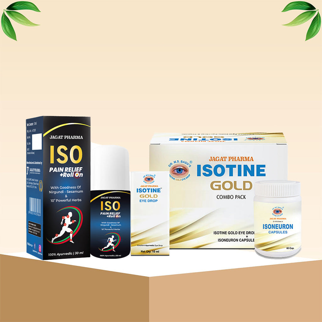 Jagat Pharma Isotine Gold + ISO Pain Relief Roll-On: Eye & Pain Care Combo | Grocsy