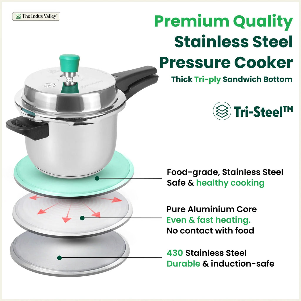 The Indus Valley QuicKooker Tri-Steel Stainless Steel Pressure Cooker, Premium Quality, 3 Layer Heavy Bottom, 100% Safe, ISI Certified, Induction & Gas, 3/5 L | Grocsy