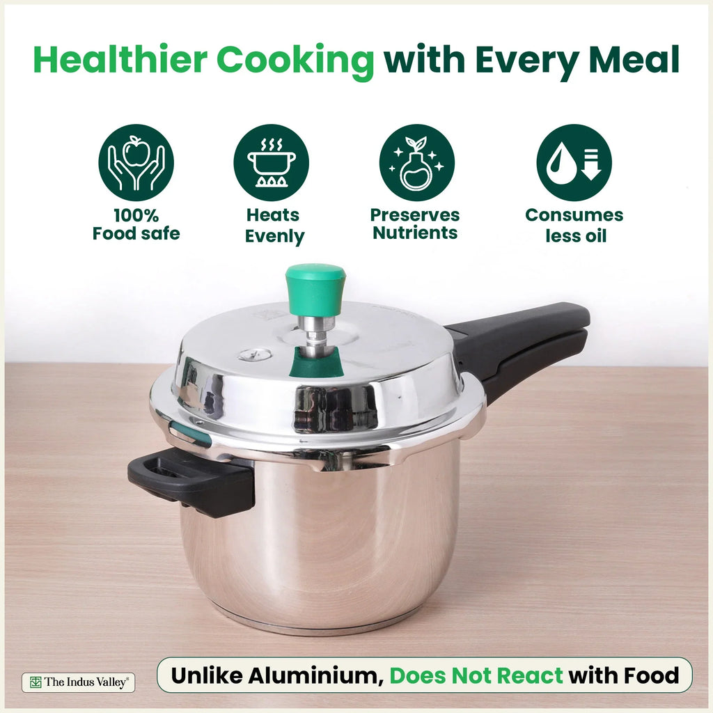 The Indus Valley QuicKooker Tri-Steel Stainless Steel Pressure Cooker, Premium Quality, 3 Layer Heavy Bottom, 100% Safe, ISI Certified, Induction & Gas, 3/5 L | Grocsy