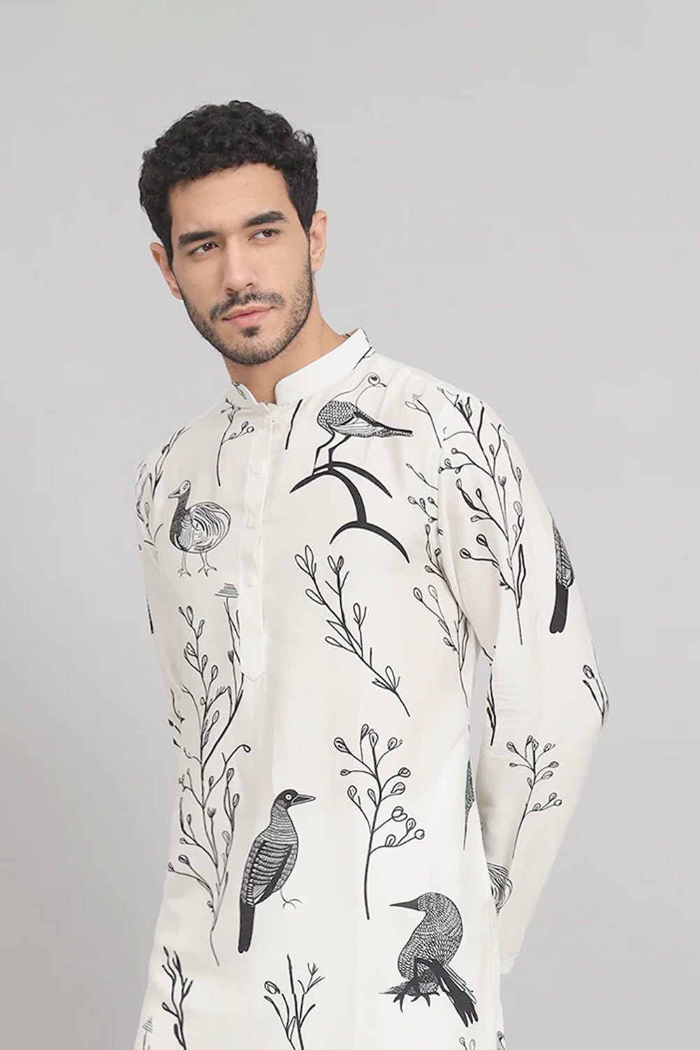 Feathered Birds Print Cotton Kurta by Hilo Design | Grocsy