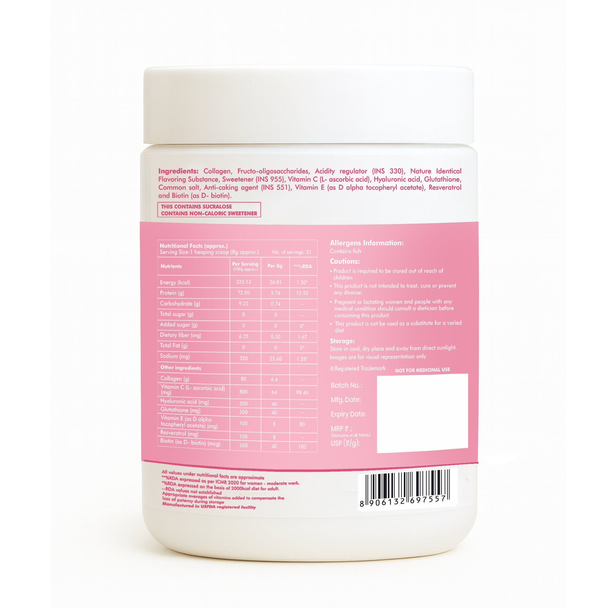 DR. Morepen Skin Collagen Powder with Glutathione, Hyaluronic Acid, Resveratrol &amp; Biotin Strawberry Watermelon Flavour | Grocsy