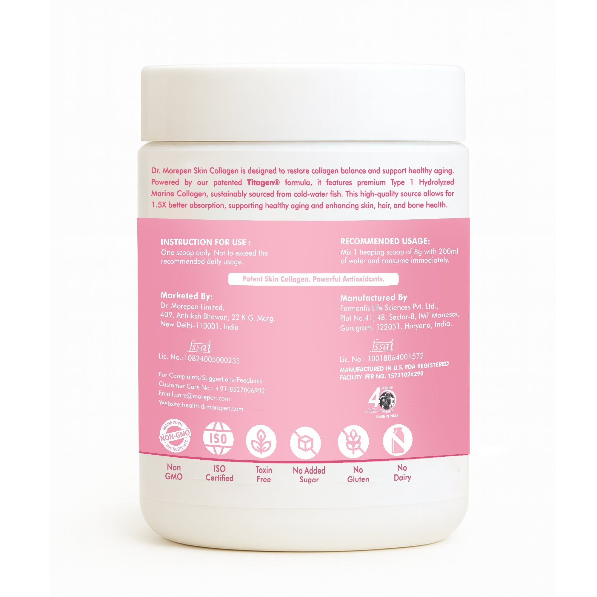 DR. Morepen Skin Collagen Powder with Glutathione, Hyaluronic Acid, Resveratrol &amp; Biotin Strawberry Watermelon Flavour | Grocsy