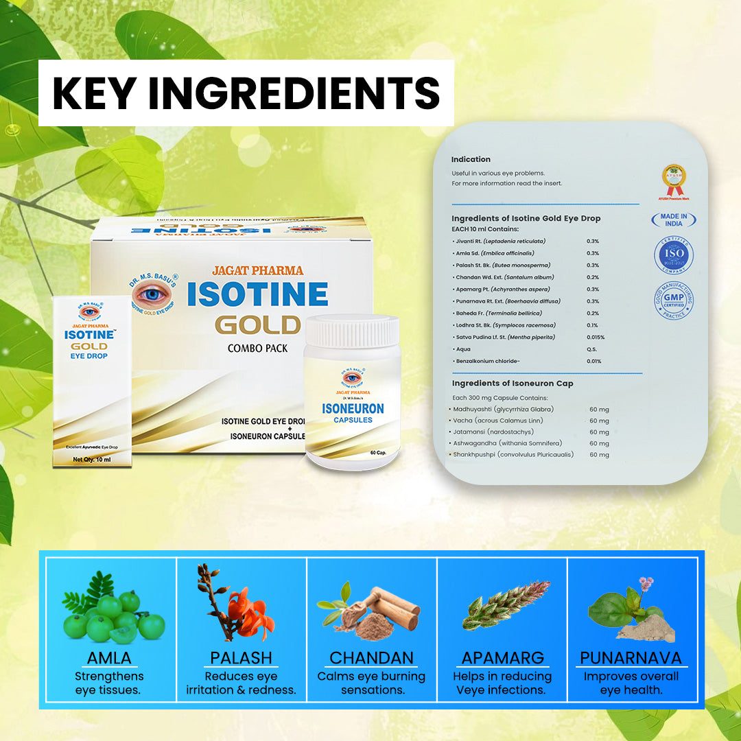 Jagat Pharma Isotine Gold Eye Drops & Capsules - Empowering Vision's Strength | Grocsy