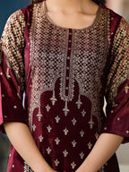 Juniper Women's Maroon Ethnic Motif Printed Velvet Kurta Set With Tassels | Grocsy