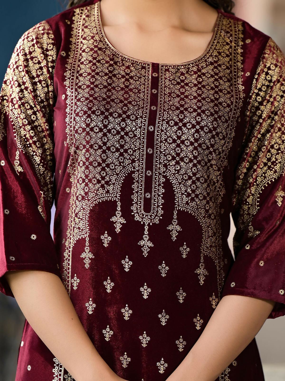 Juniper Women's Maroon Ethnic Motif Printed Velvet Kurta Set With Tassels | Grocsy