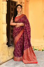 Joban Fashion Hot Pink Crepe Chiffon Pure Handloom Banarasi Silk Saree | Grocsy