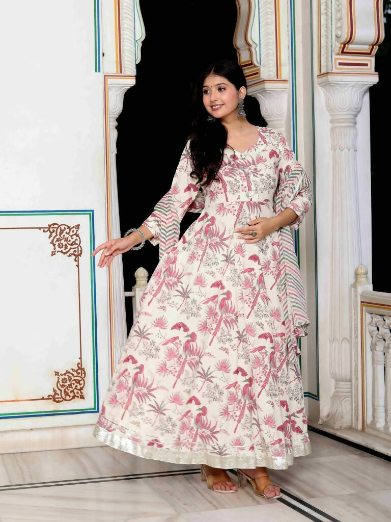 Miravan Women's Light Pink Cotton Birds And Leaf Floral Printed Anarkali Kurta And Dupatta Set | Grocsy