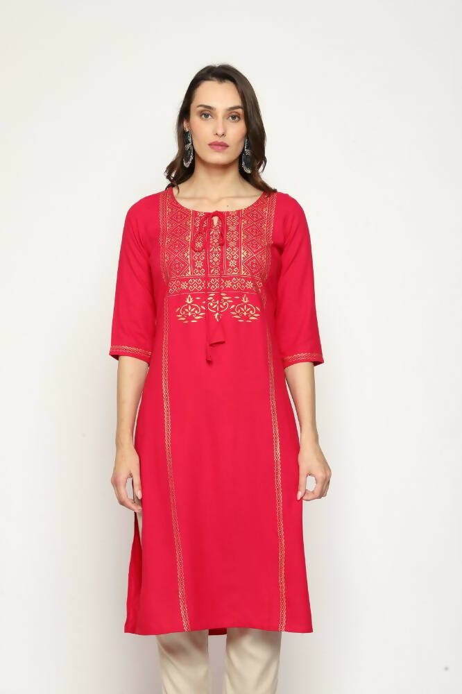 Maai Rayon Hand Printed Kurta Red | Grocsy