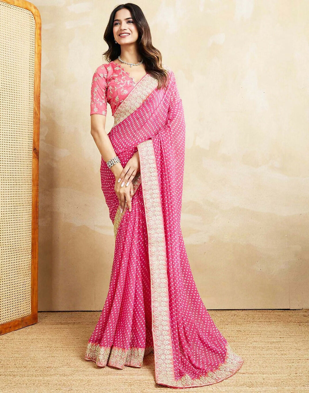 Joban Fashion Georgette Pink, White Color Bandhani Saree | Grocsy