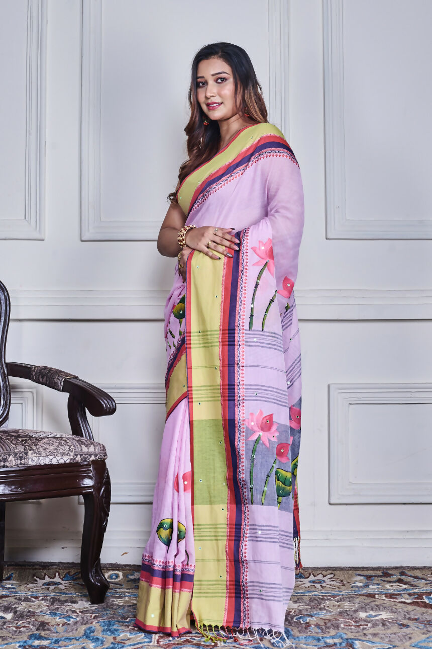Morchari Multicolour Cotton Handloom Mirror Work Saree Unstitched Blouse | Grocsy