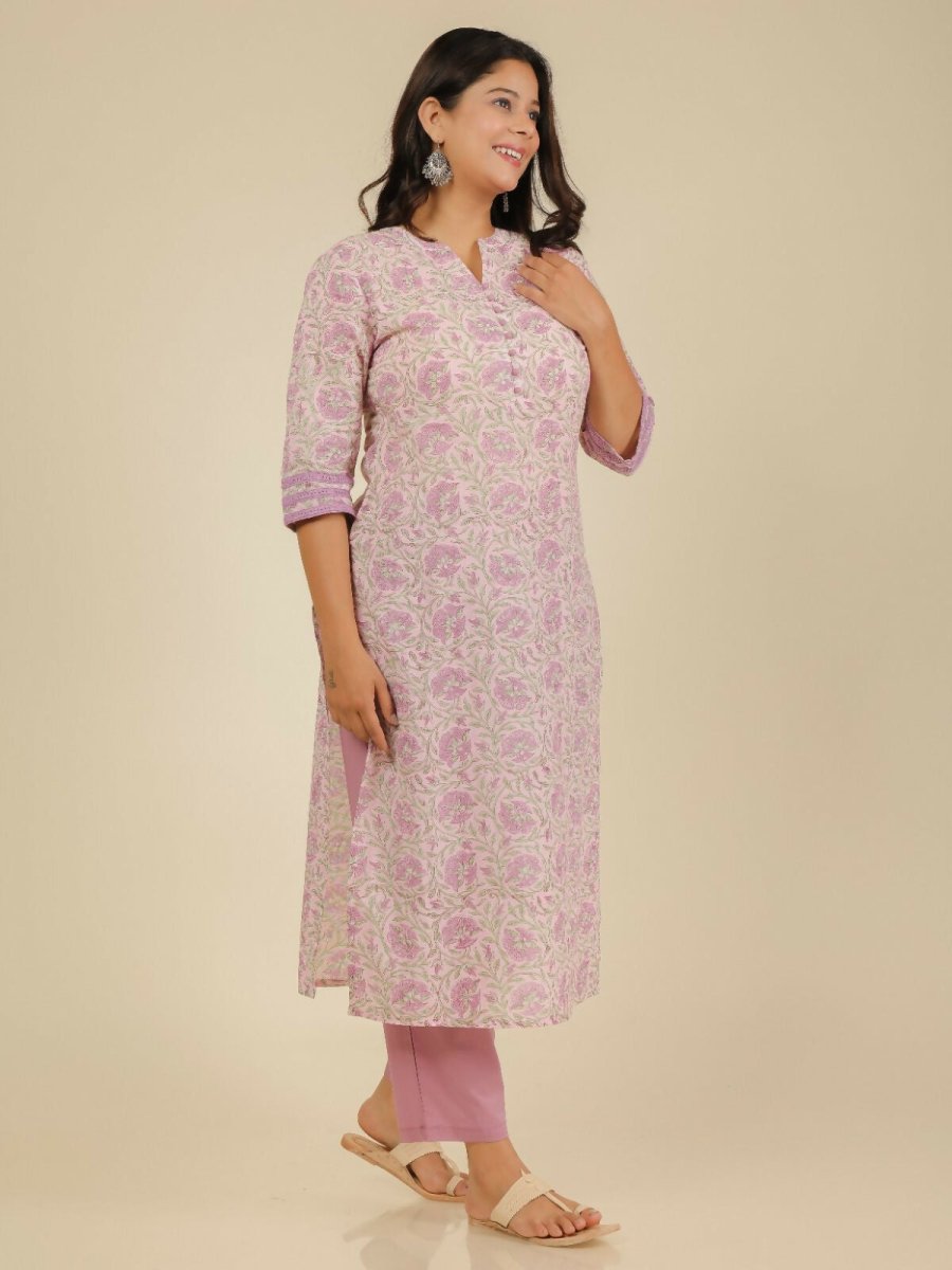 Aramya Pink Soft Cotton Floral Print Straight Kurta Pant Set for Women | Grocsy