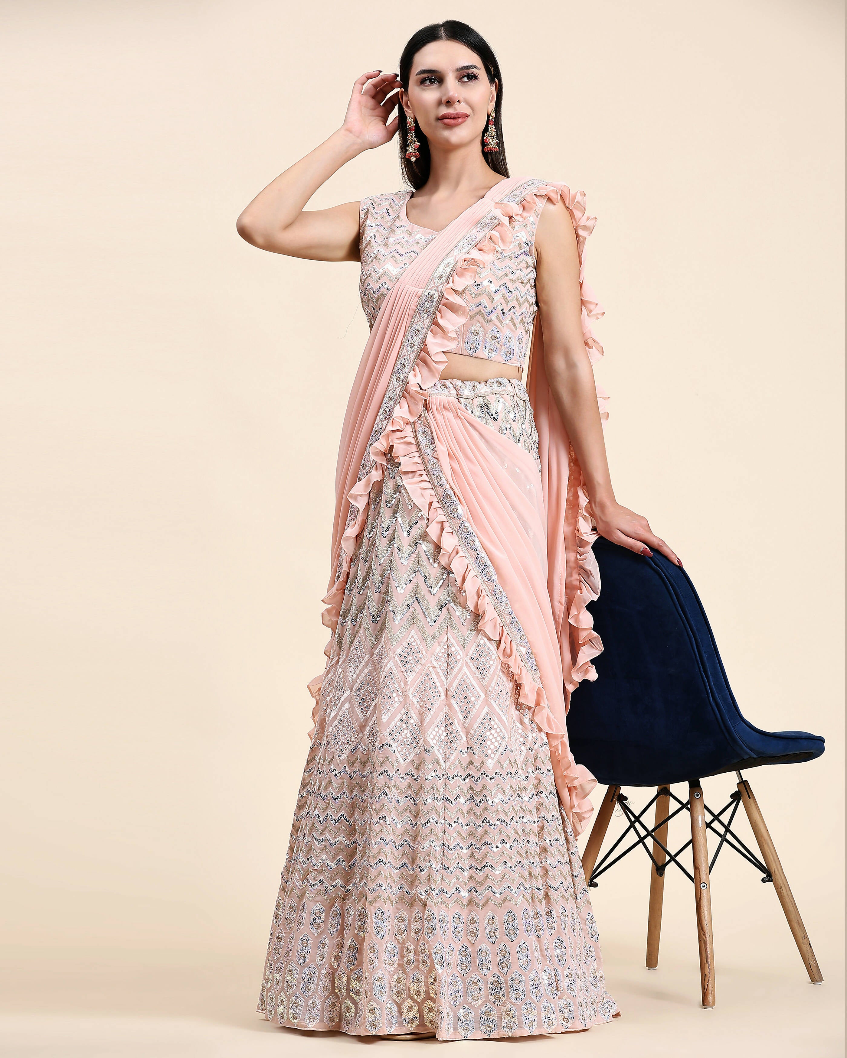 Peach Pure Viscose Georgette Thread With Sequins Embroidery Work Lehenga Choli With Dupatta - Tanya | Grocsy