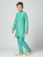 Joban Fashion Kids Island Full Sleeves Chanderi Kurta, Pyjama Set with Traditional Butta Work - Sea Green | Grocsy