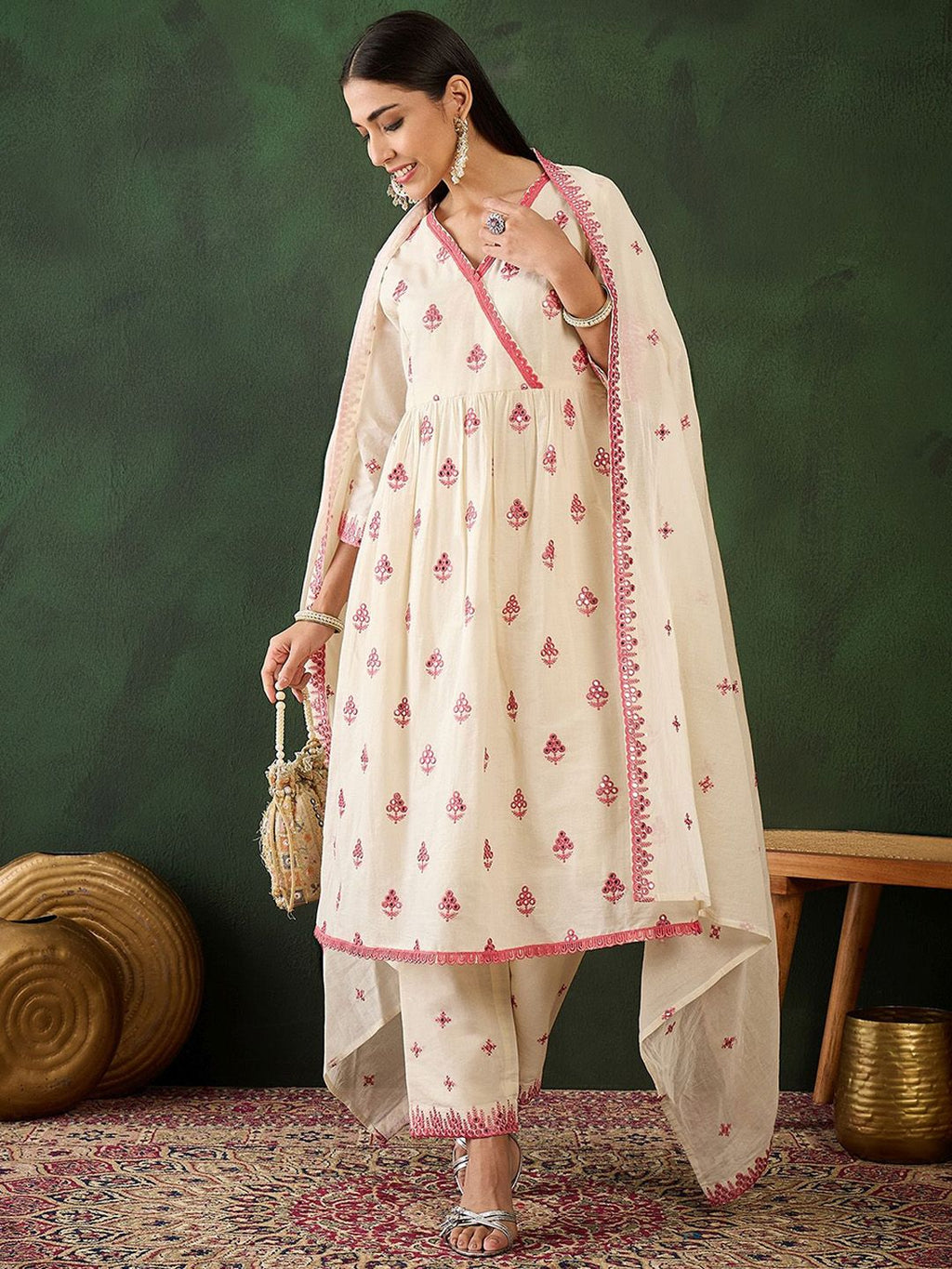 Sangria Off White Floral Embroidered Pure Cotton Mirror Work Kurta & Trouser With Dupatta | Grocsy