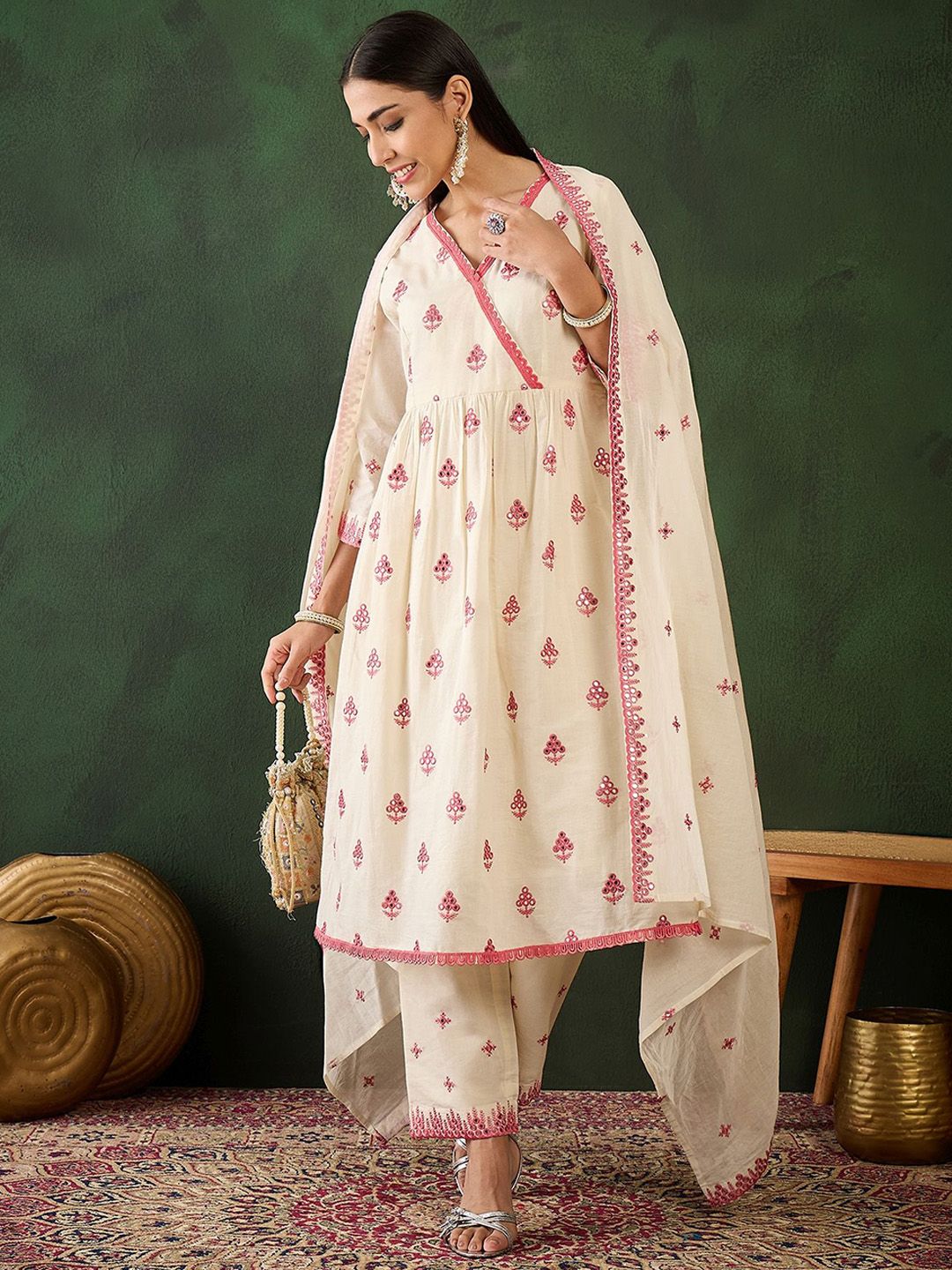 Sangria Off White Floral Embroidered Pure Cotton Mirror Work Kurta & Trouser With Dupatta | Grocsy