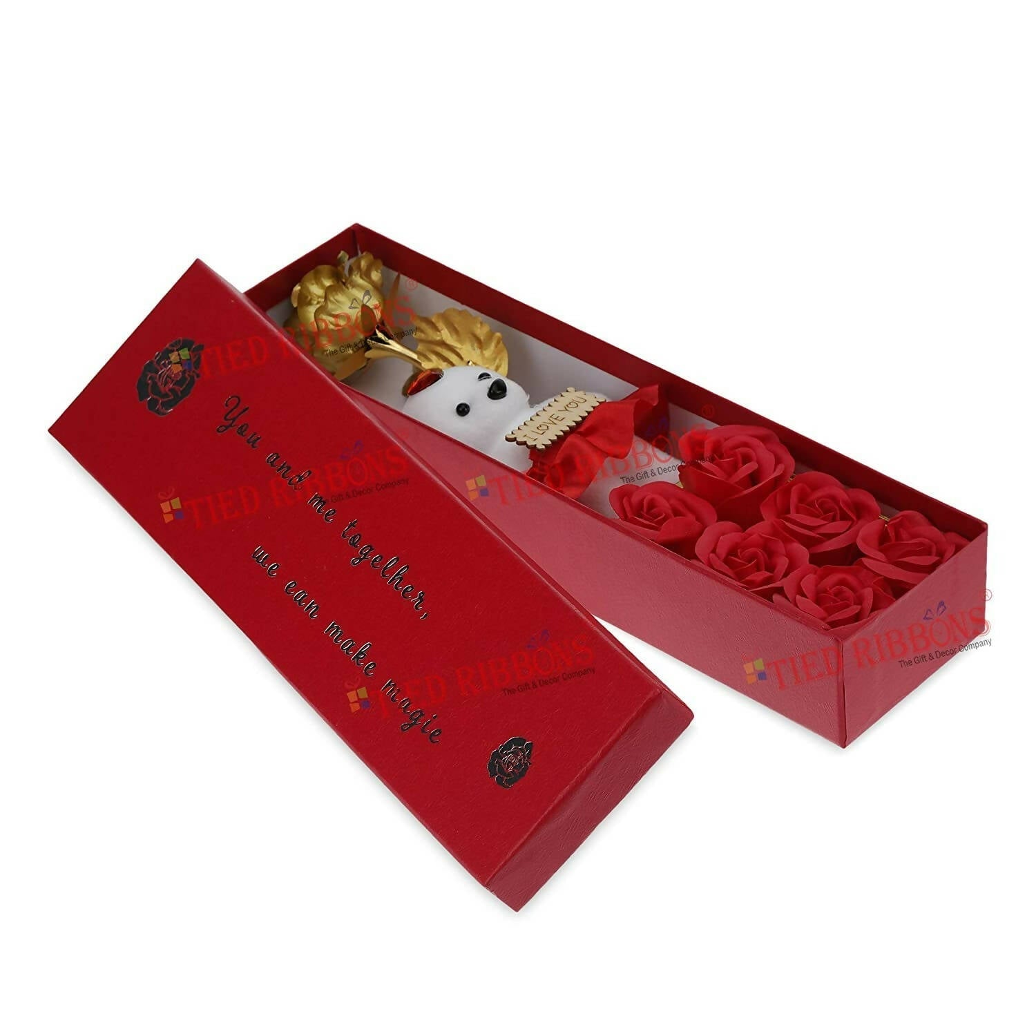 Tied Ribbons Rose Flower Artificial With Teddy - Valentines Day Gift Box | Grocsy