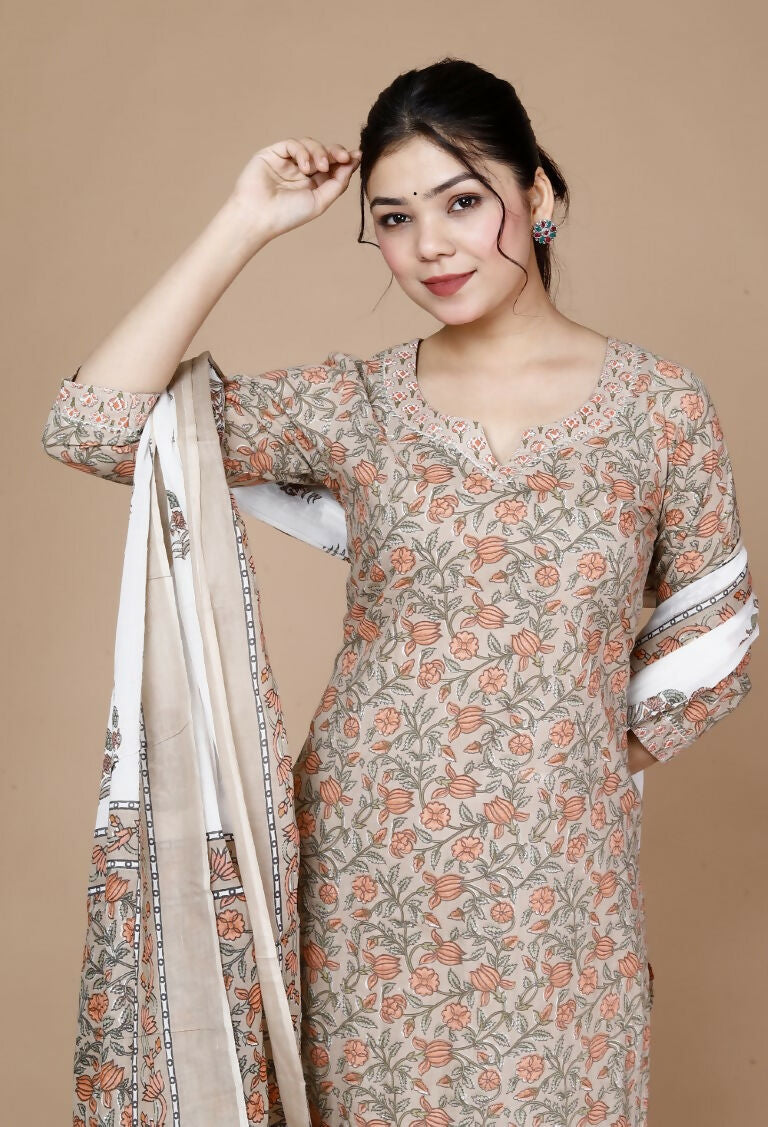 Miravan Women's Brown Floral Printed Gotta Patti Kurta With Palazzo And Dupatta Set | Grocsy
