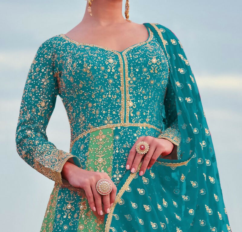 Vastranavya Stunning Turquoise Georgette Embroidered Sequins A Line Anarkali Suit | Grocsy