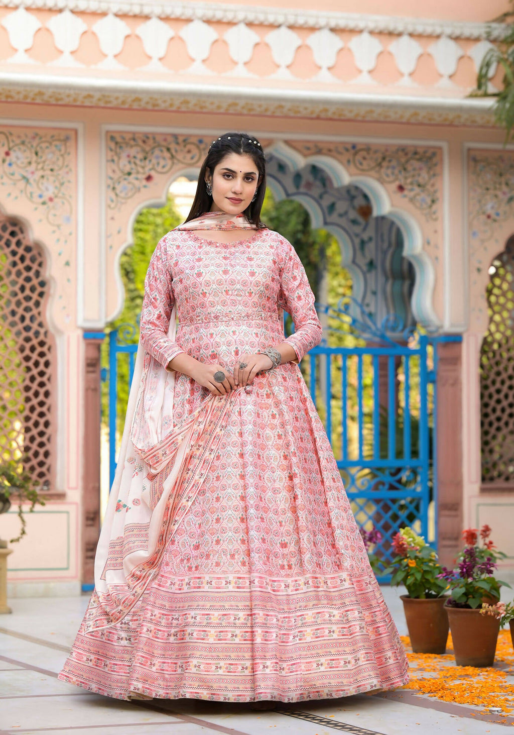 Functional Designer Off White-Light Pink Dola Silk Anarkali suit with Dupatta - Ramya | Grocsy