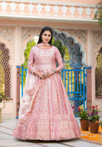 Functional Designer Off White-Light Pink Dola Silk Anarkali suit with Dupatta - Ramya | Grocsy