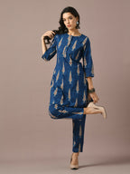 Myshka Women's Blue Printed Cotton Round Neck Party Tunic With Trousers Co-ord set | Grocsy