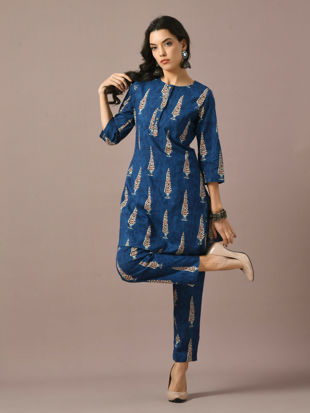 Myshka Women's Blue Printed Cotton Round Neck Party Tunic With Trousers Co-ord set | Grocsy